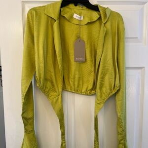 Meshki Green Crop Top with Notched Collar and Tie Front